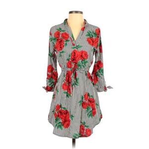 Hint of Blush Black & White with Red Floral Long Sleeve Midi Dress - Size Small